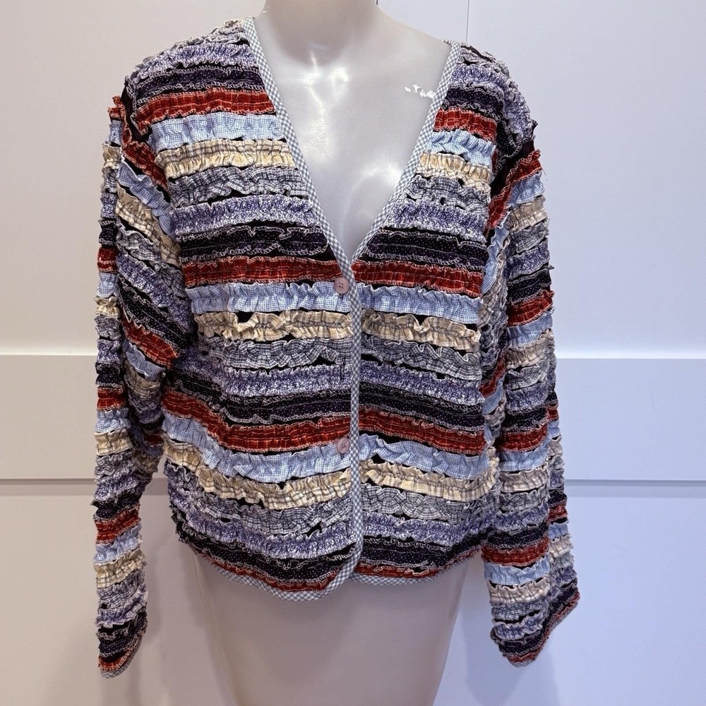 Vintage Don't Mess With Texas Ruffled Patchwork Rag Rug Cardigan Jacket L - Picture 2 of 11